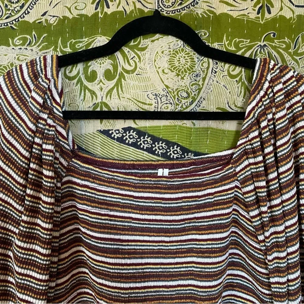 Anthropologie Multicolored Striped Smocked Puff-Sleeved Top Size Large
